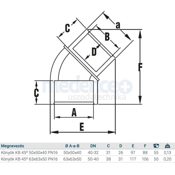Hidroten küldső belső könyök 45 fok méretek